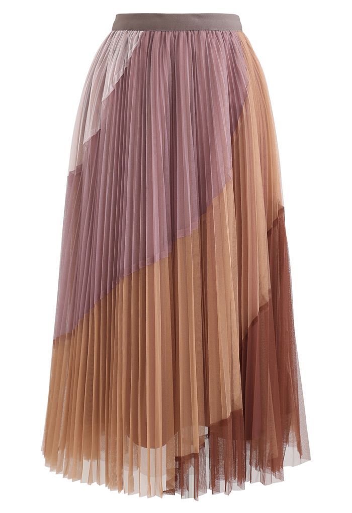 Multi Color Double-Layered Pleated Tulle Midi Skirt in Berry