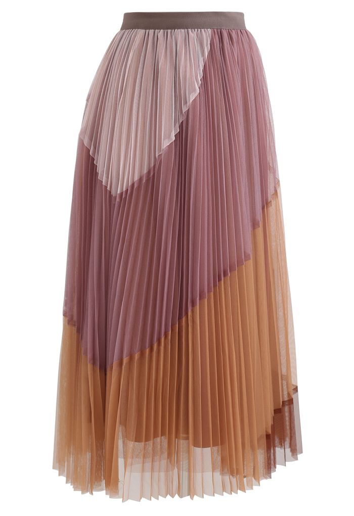 Multi Color Double-Layered Pleated Tulle Midi Skirt in Berry