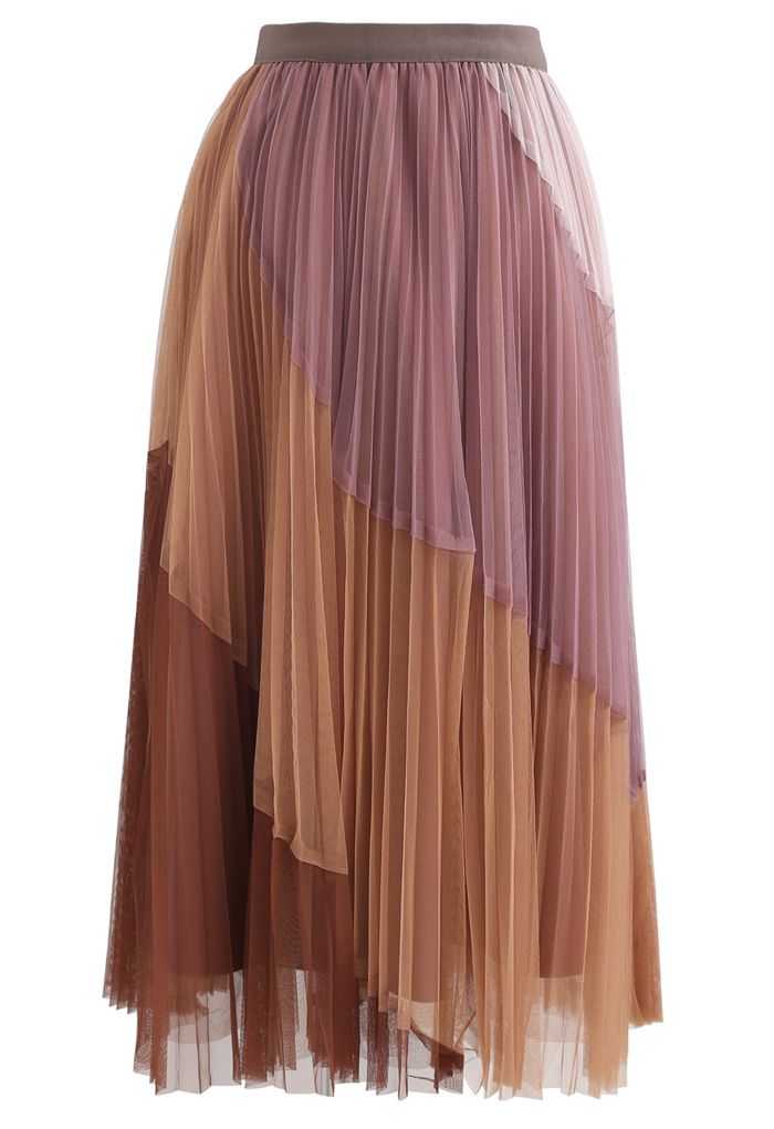 Multi Color Double-Layered Pleated Tulle Midi Skirt in Berry