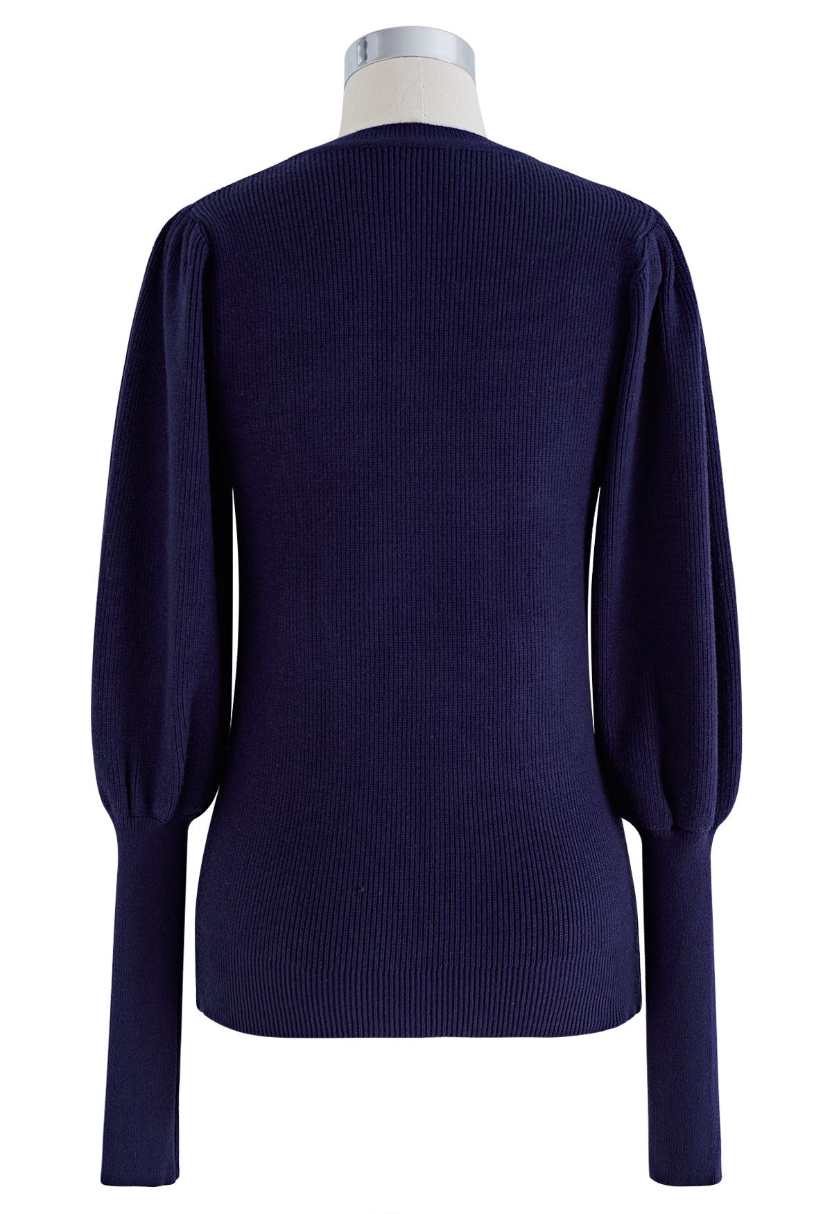 Bubble Sleeves Button Trimmed Knit Top in Navy