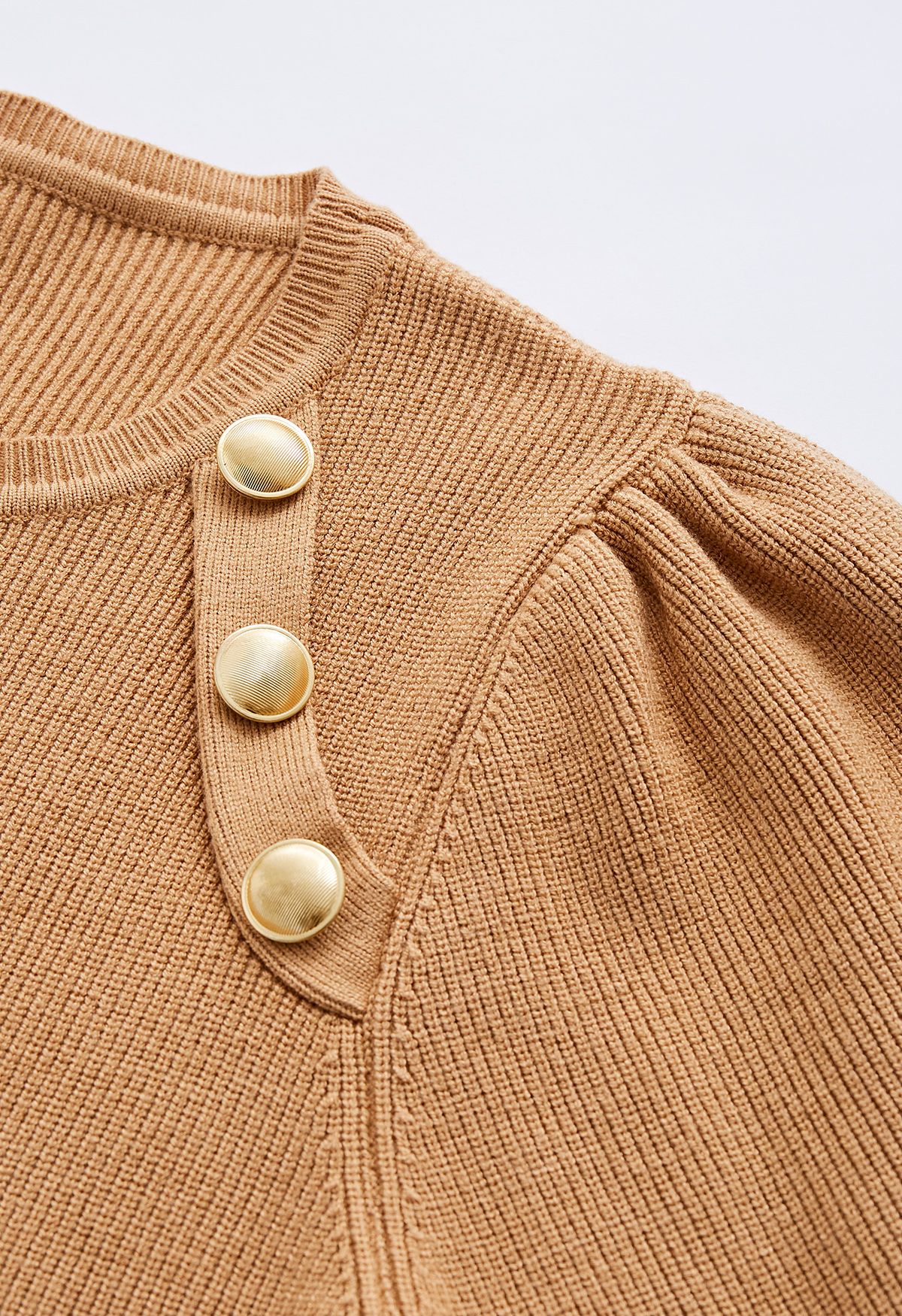 Bubble Sleeves Button Trimmed Knit Top in Tan