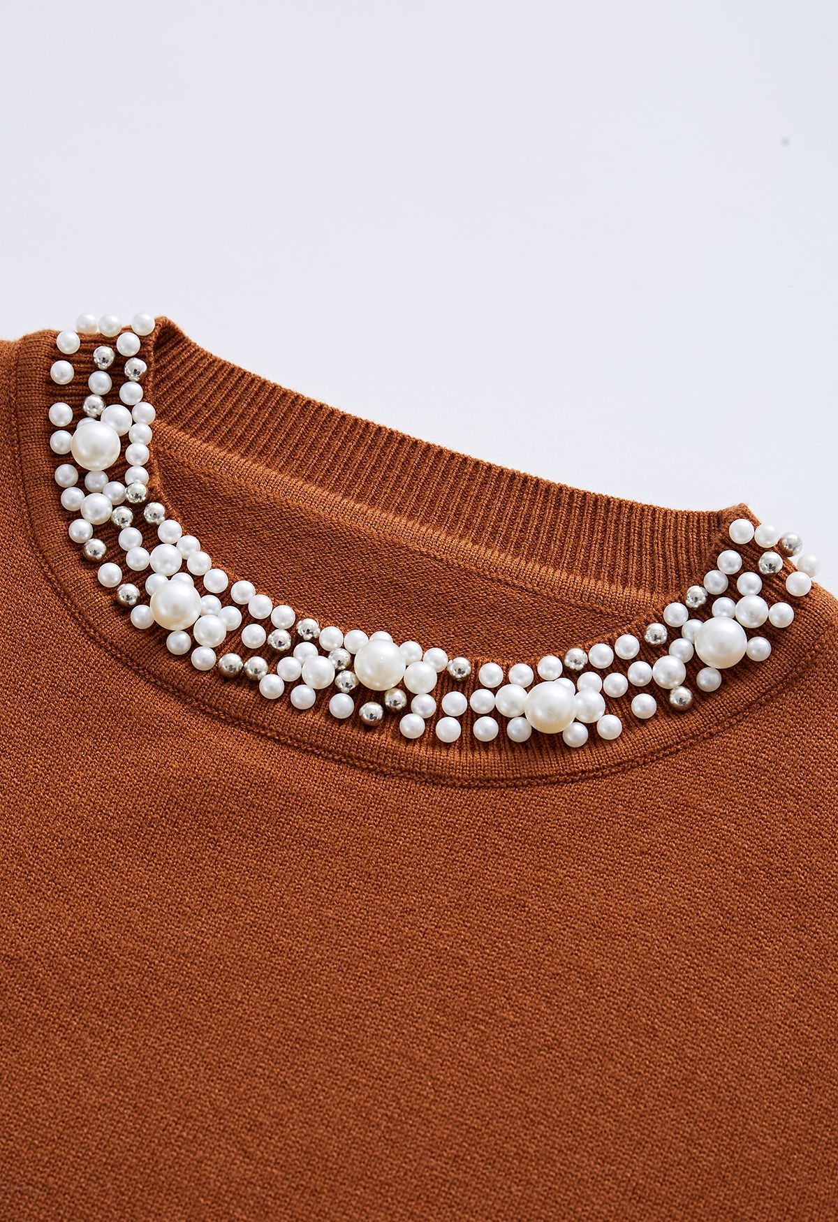 Pearl Trimmed Soft Knit Top in Caramel