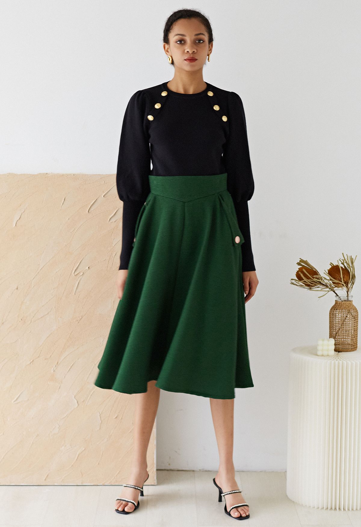 Waffle Texture A-Line Midi Skirt in Dark Green