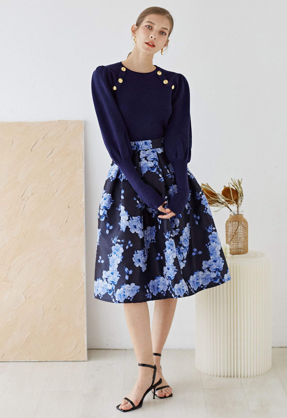 Midnight Blossom Blue Peony Jacquard Pleated Midi Skirt