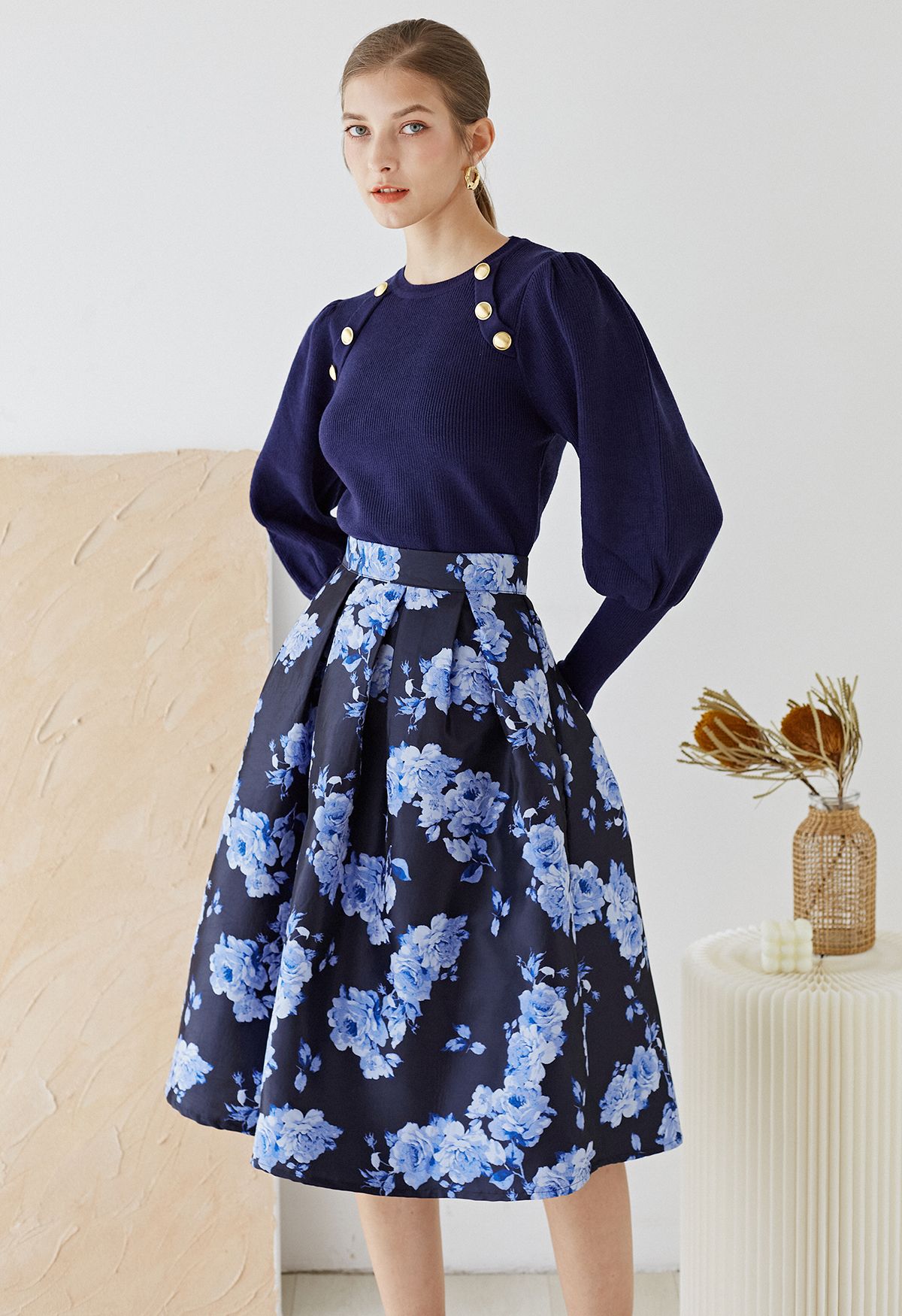 Midnight Blossom Blue Peony Jacquard Pleated Midi Skirt