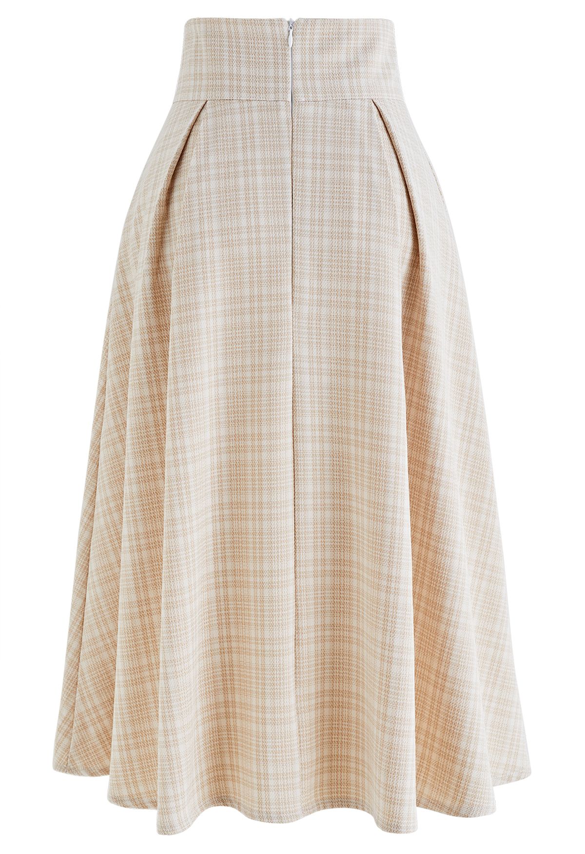 Plaid Tweed Button Trim Pleated Midi Skirt in Apricot