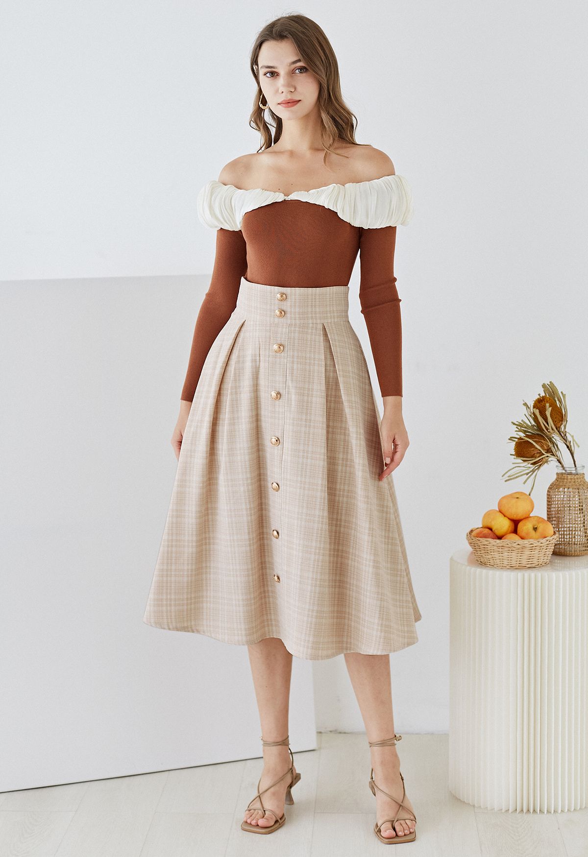 Plaid Tweed Button Trim Pleated Midi Skirt in Apricot