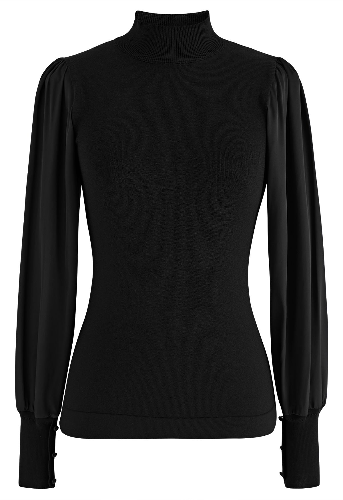 Mock Neck Satin Spliced Knit Top in Black