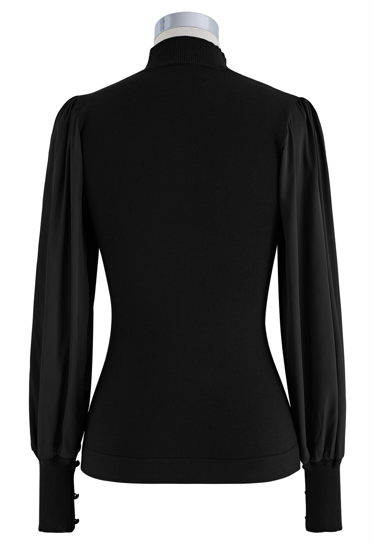 Mock Neck Satin Spliced Knit Top in Black