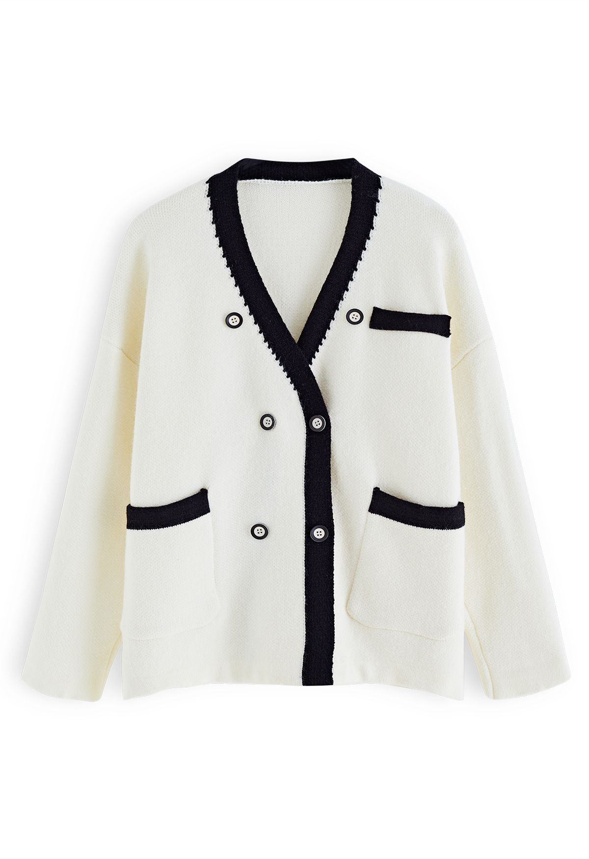 Double-Breasted Contrast Color Cardigan in Ivory