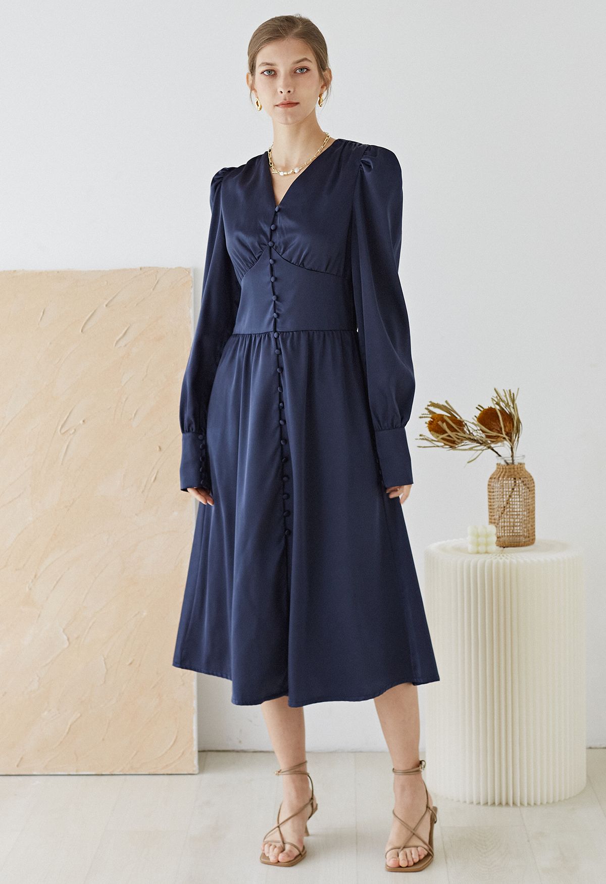 Puff Sleeves Button Up Satin Midi Dress in Navy