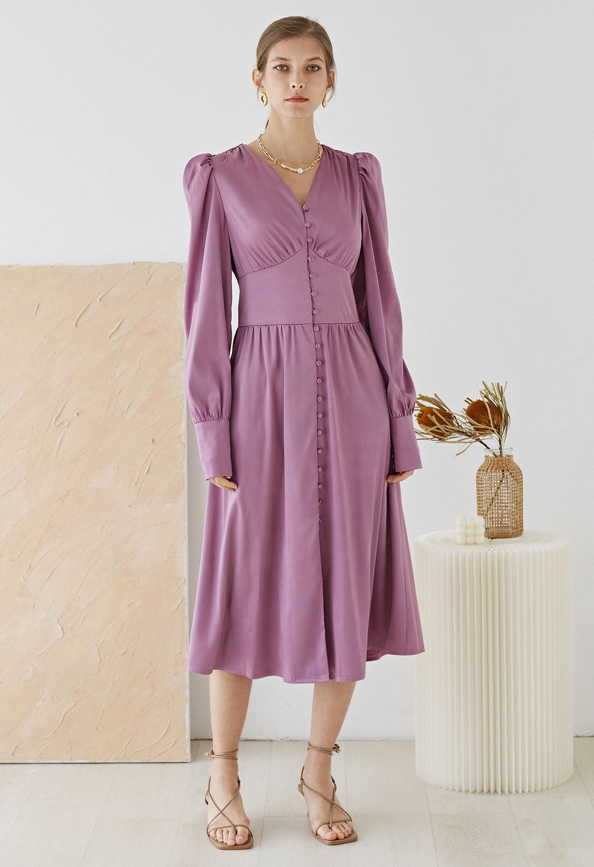 Puff Sleeves Button Up Satin Midi Dress in Lilac