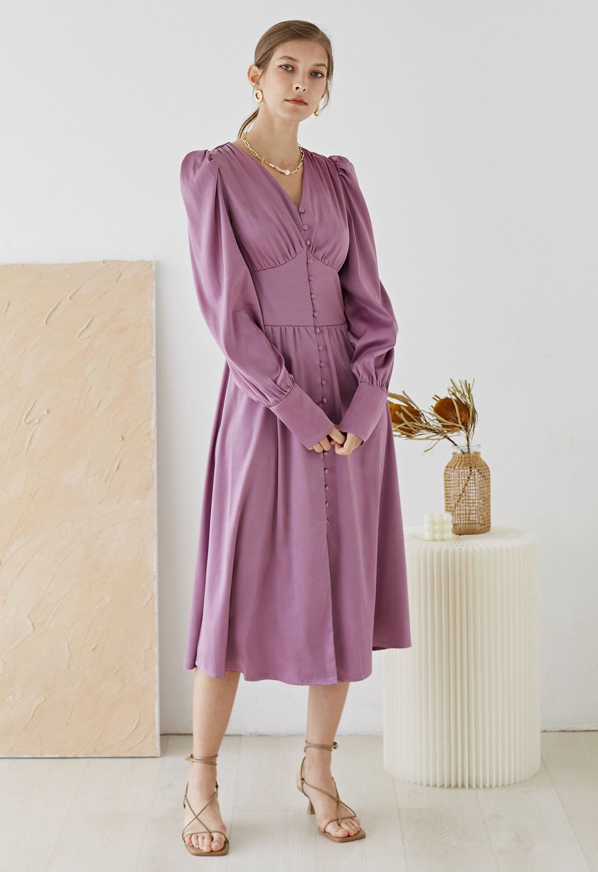 Puff Sleeves Button Up Satin Midi Dress in Lilac