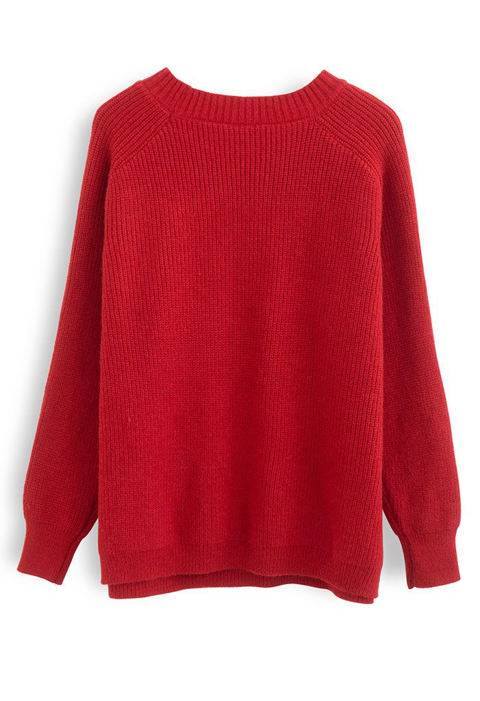 One Heart Rib Knit Oversized Sweater in Red