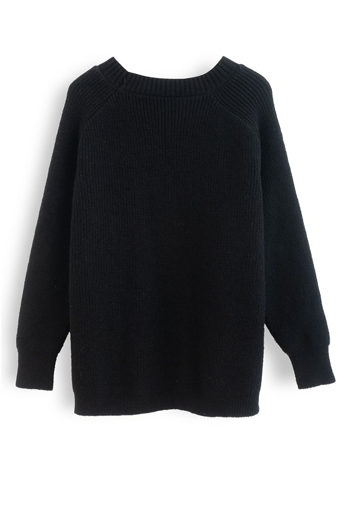 One Heart Rib Knit Oversized Sweater in Black