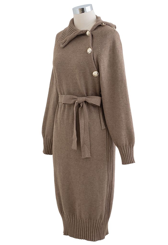 Buttoned Side Flap Collar Knit Midi Dress in Taupe