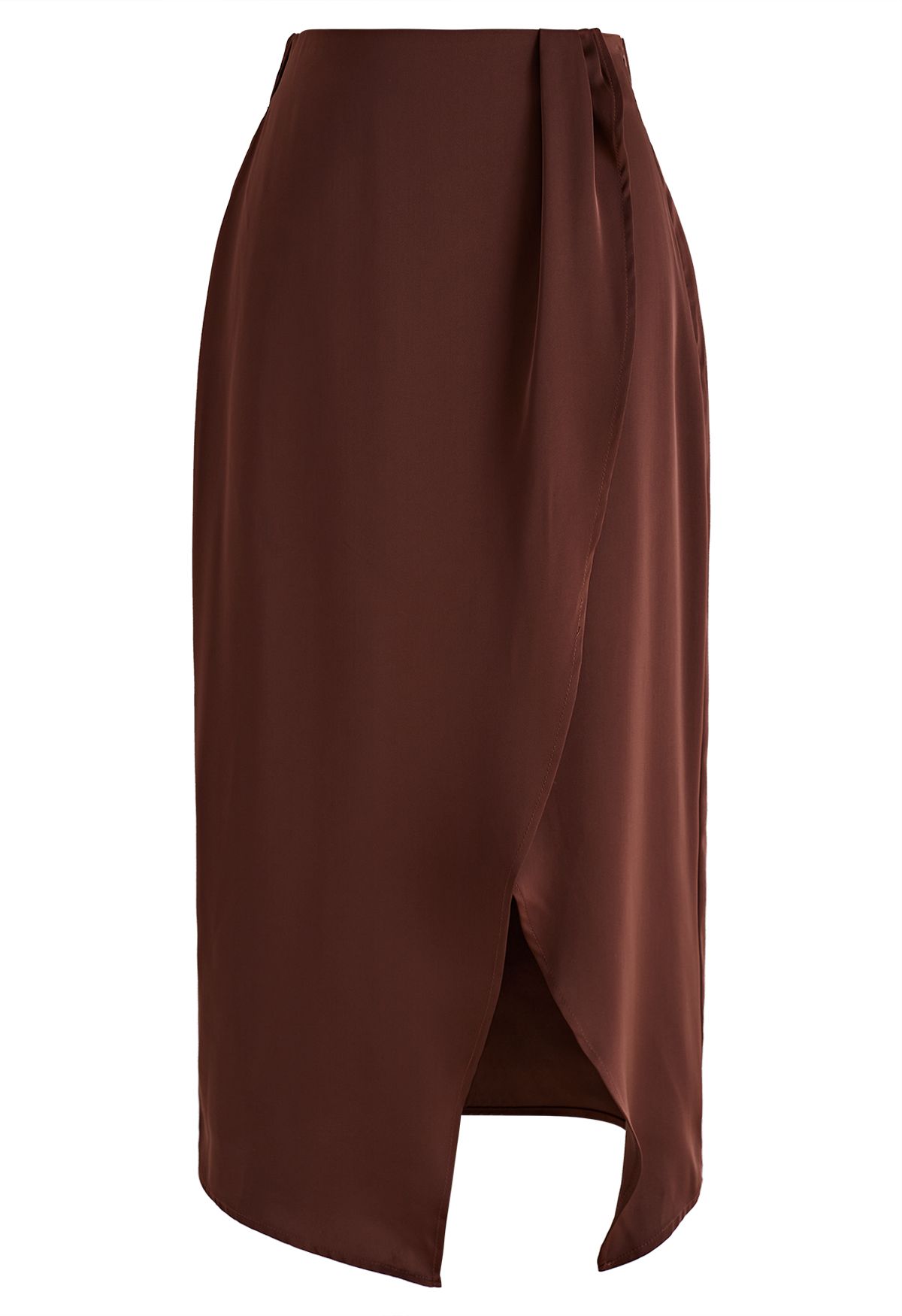 Front Slit Satin Midi Skirt in Burgundy