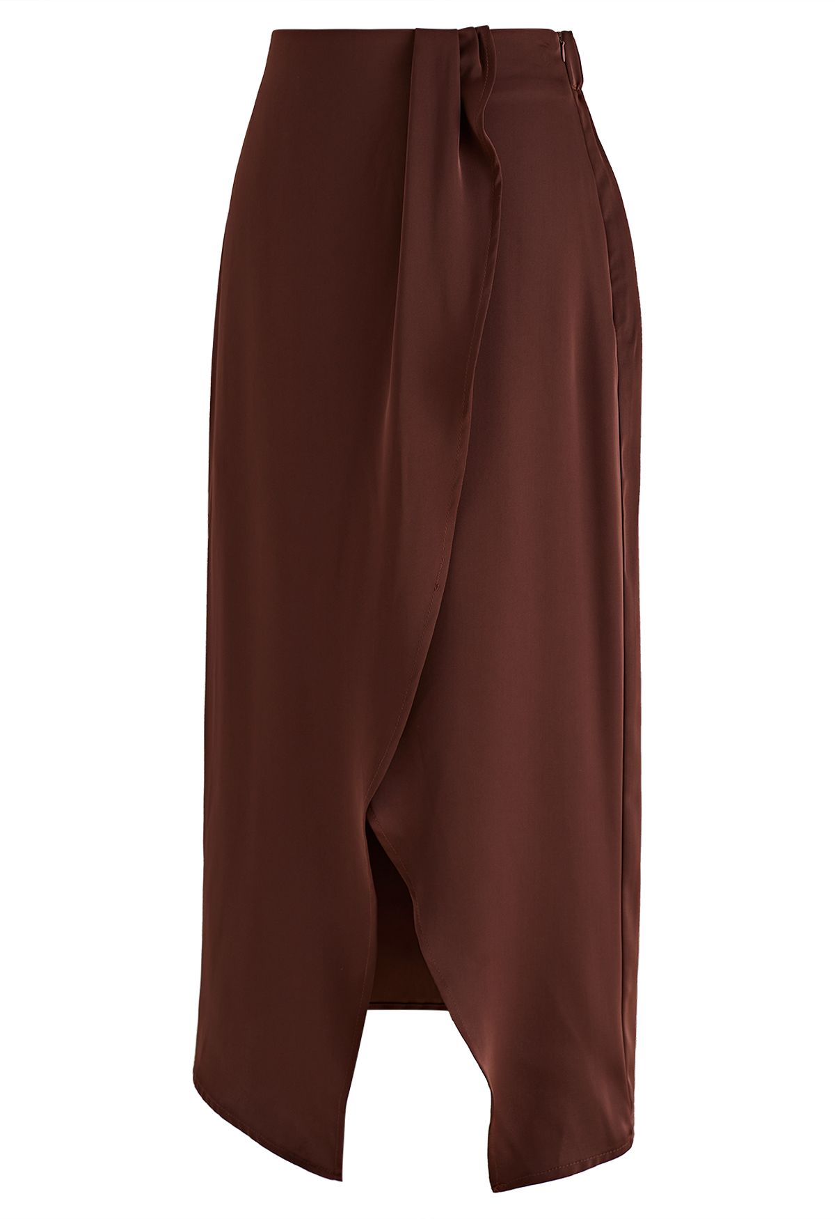 Front Slit Satin Midi Skirt in Burgundy