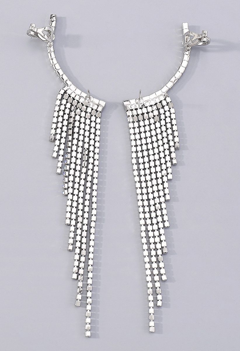 Glittering Wing Tassel Drop Earrings in Silver