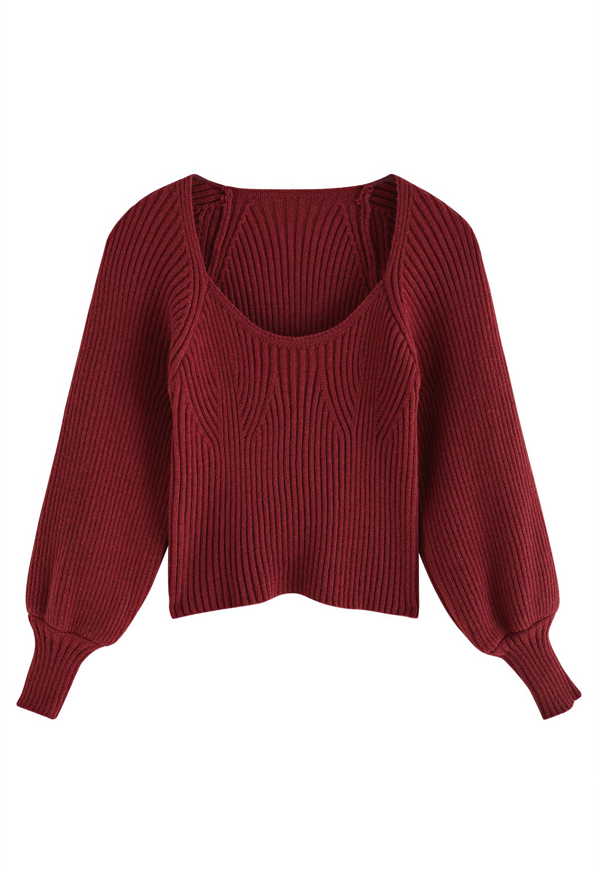 Wide Round Neck Rib Knit Top in Burgundy