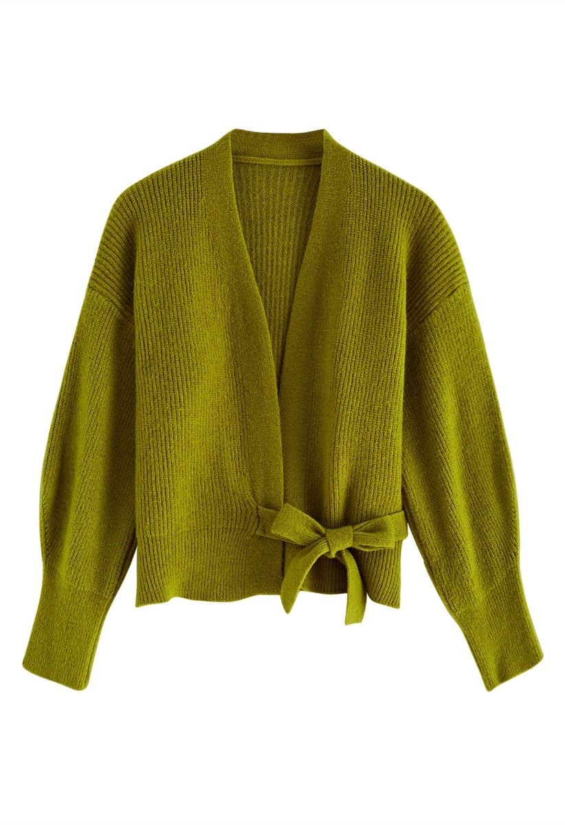 Self-Tie Bowknot Wrap Knit Top in Olive