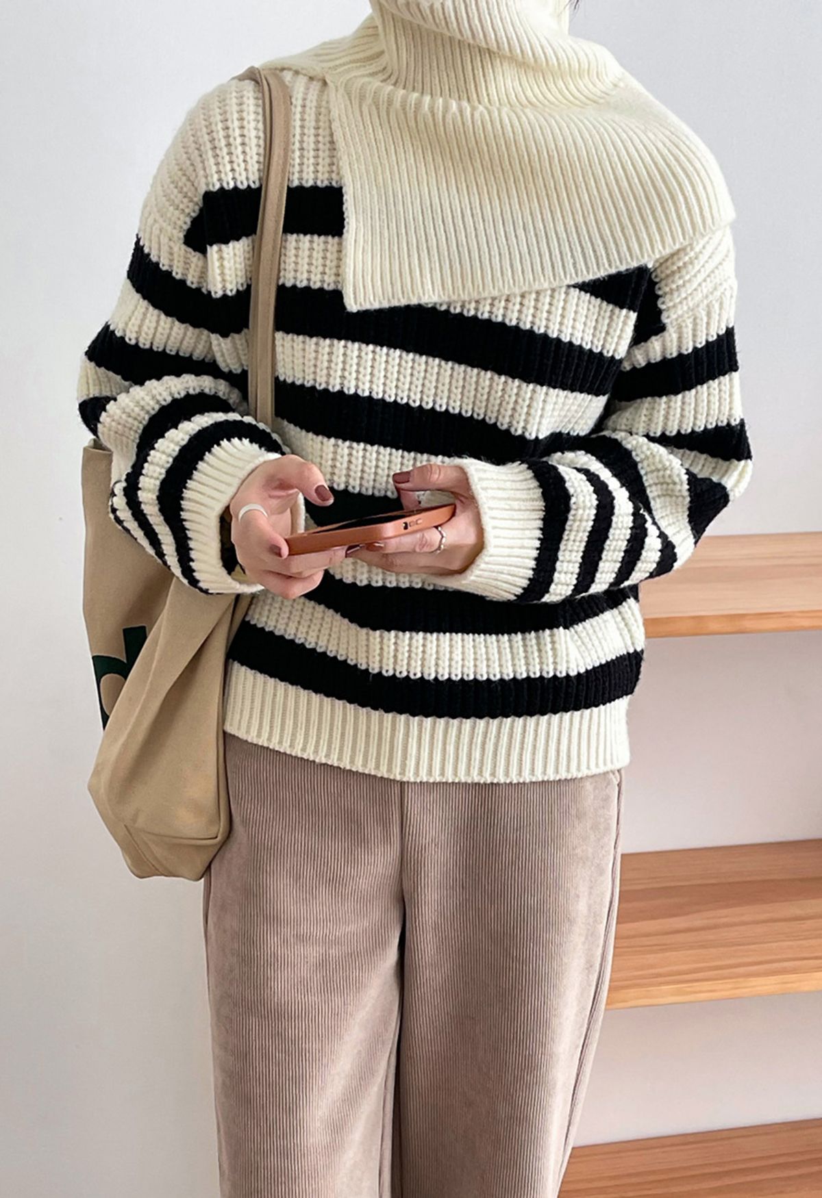 Detachable Scarf Striped Knit Sweater in Ivory