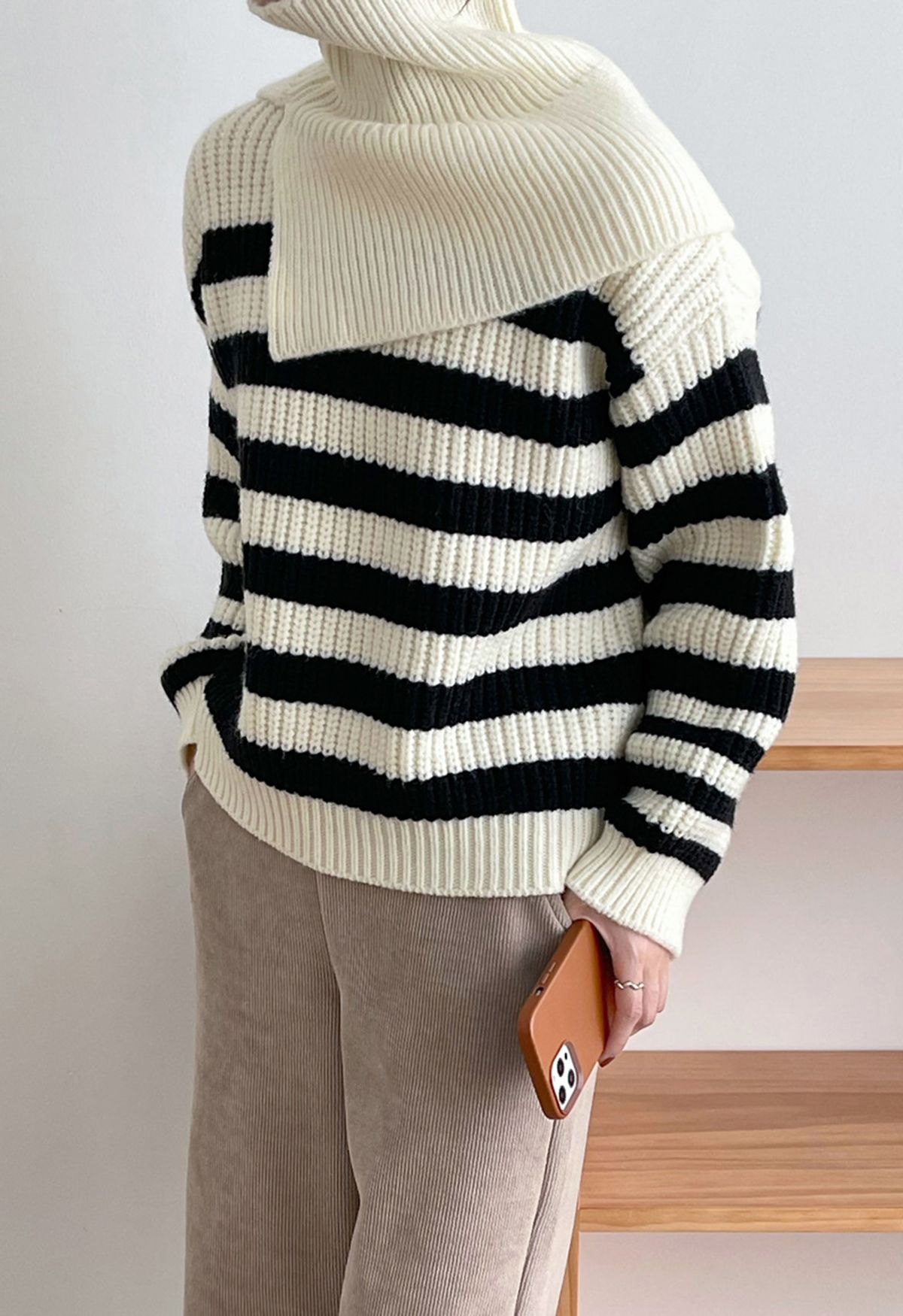 Detachable Scarf Striped Knit Sweater in Ivory