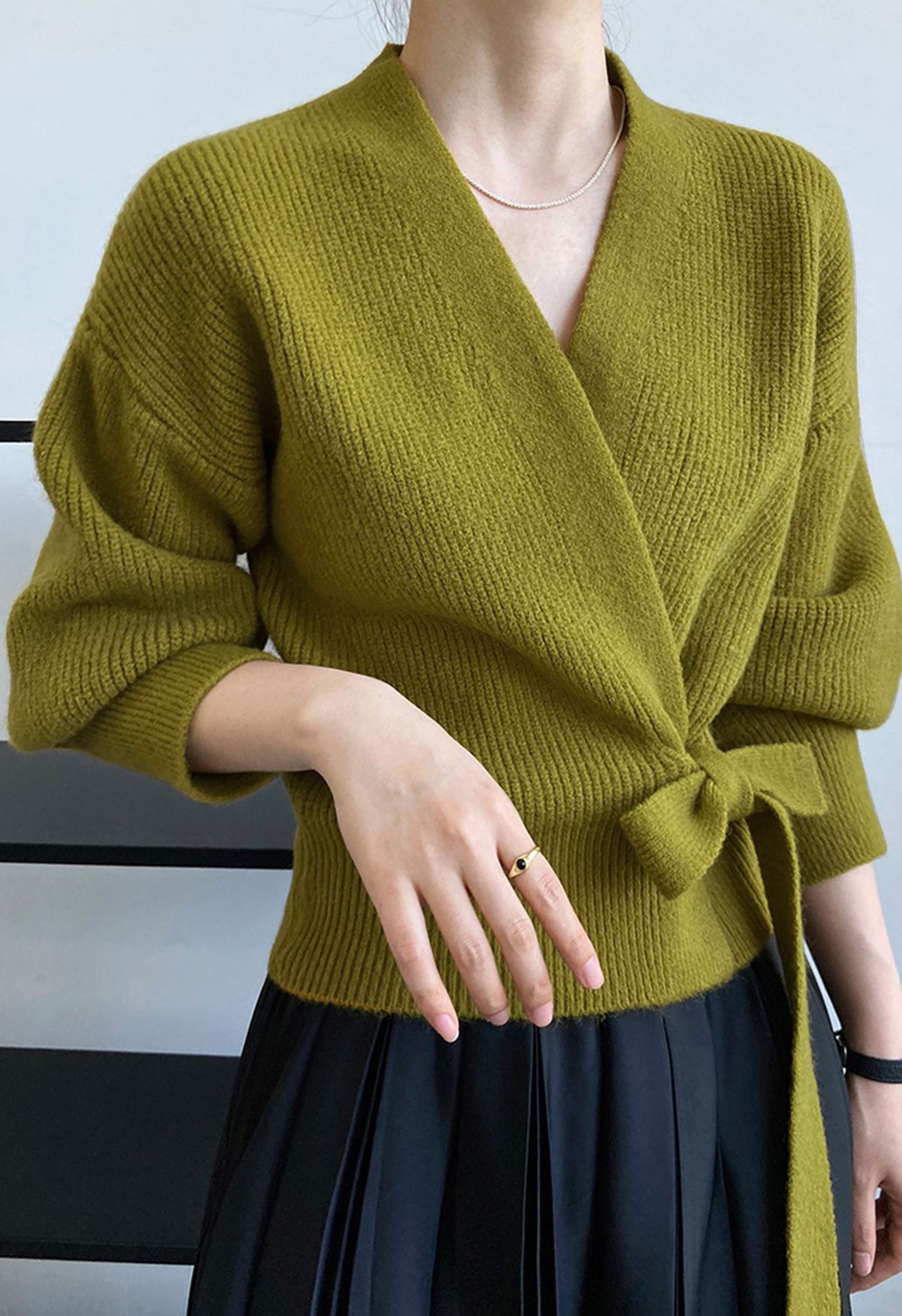 Self-Tie Bowknot Wrap Knit Top in Olive