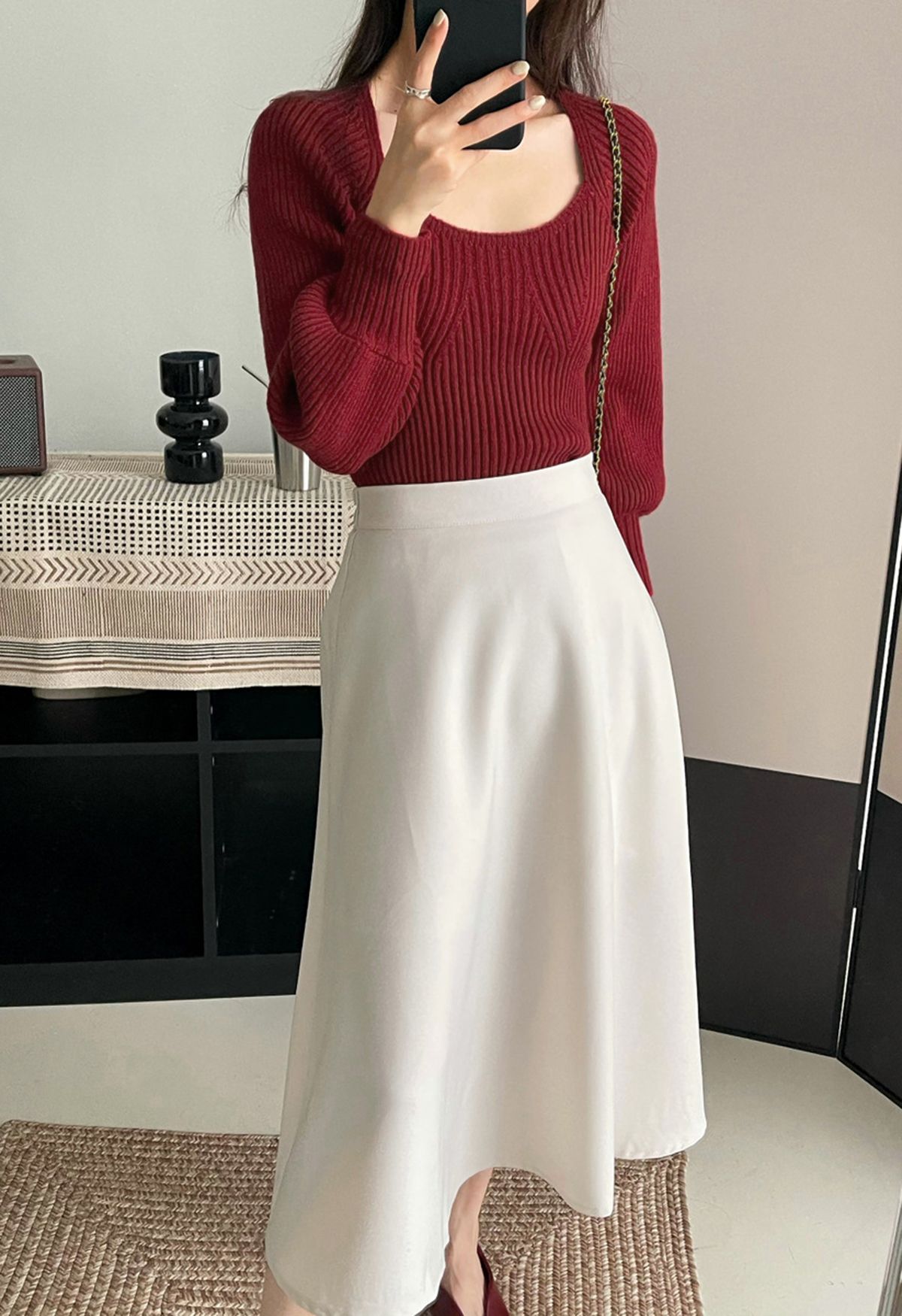 Wide Round Neck Rib Knit Top in Burgundy