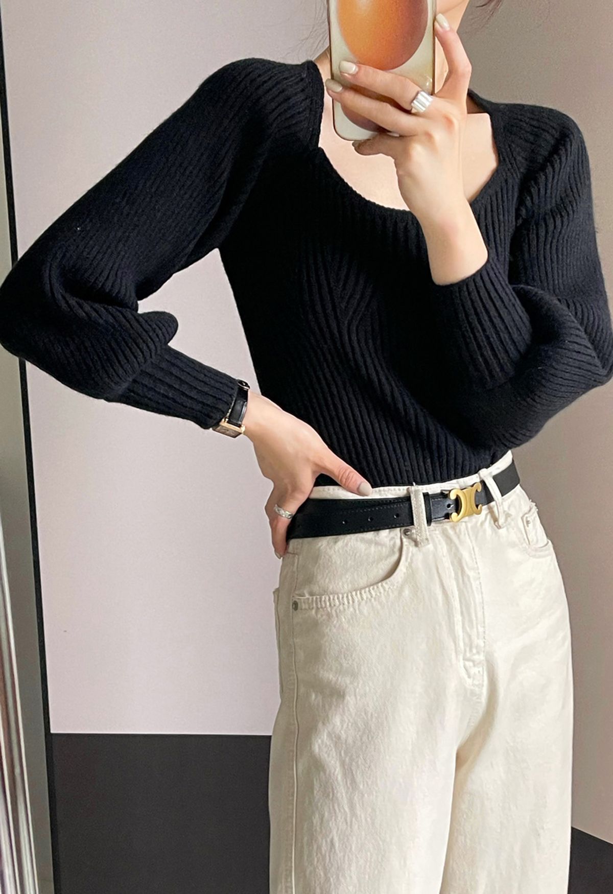 Wide Round Neck Rib Knit Top in Black