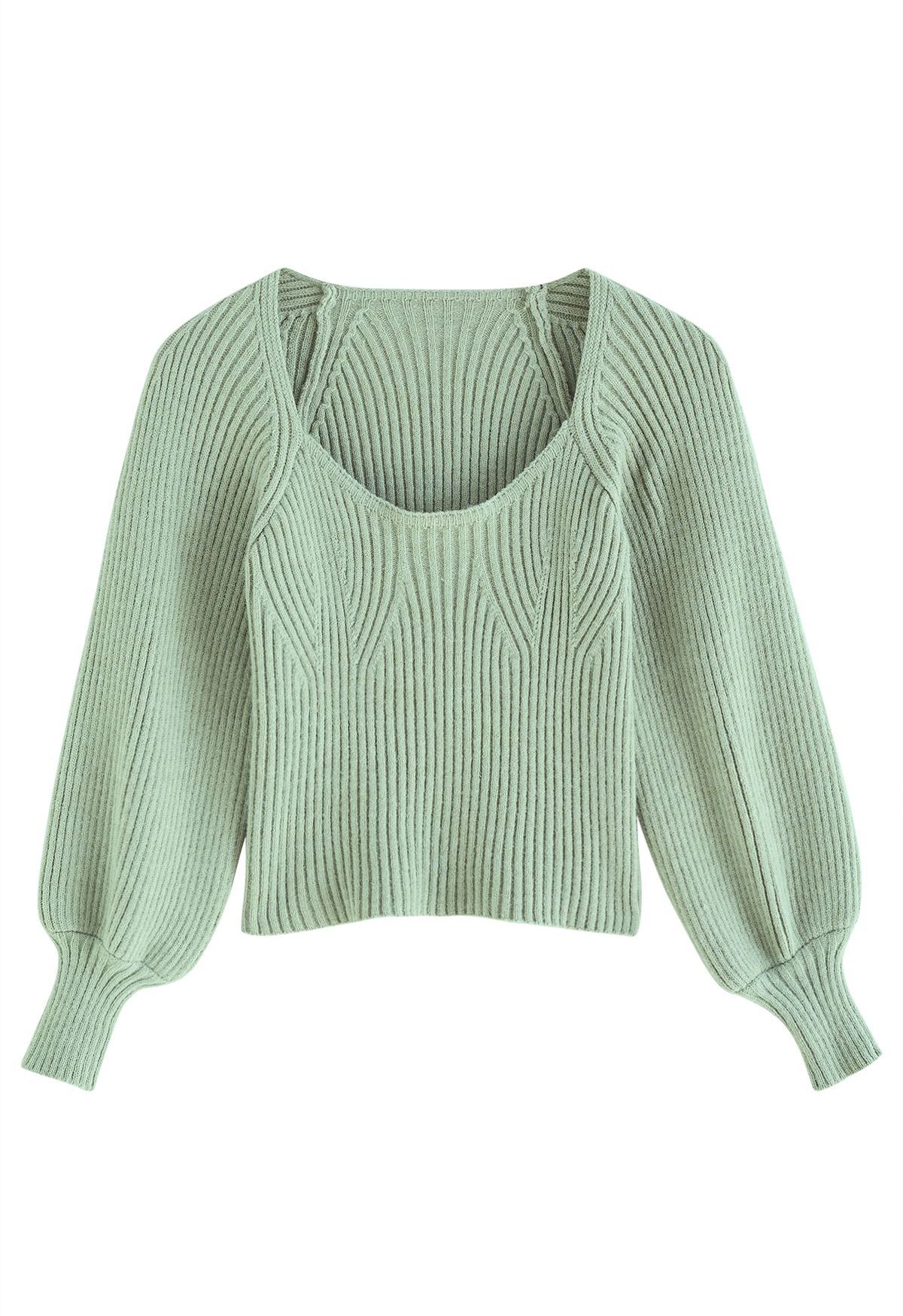 Wide Round Neck Rib Knit Top in Mint