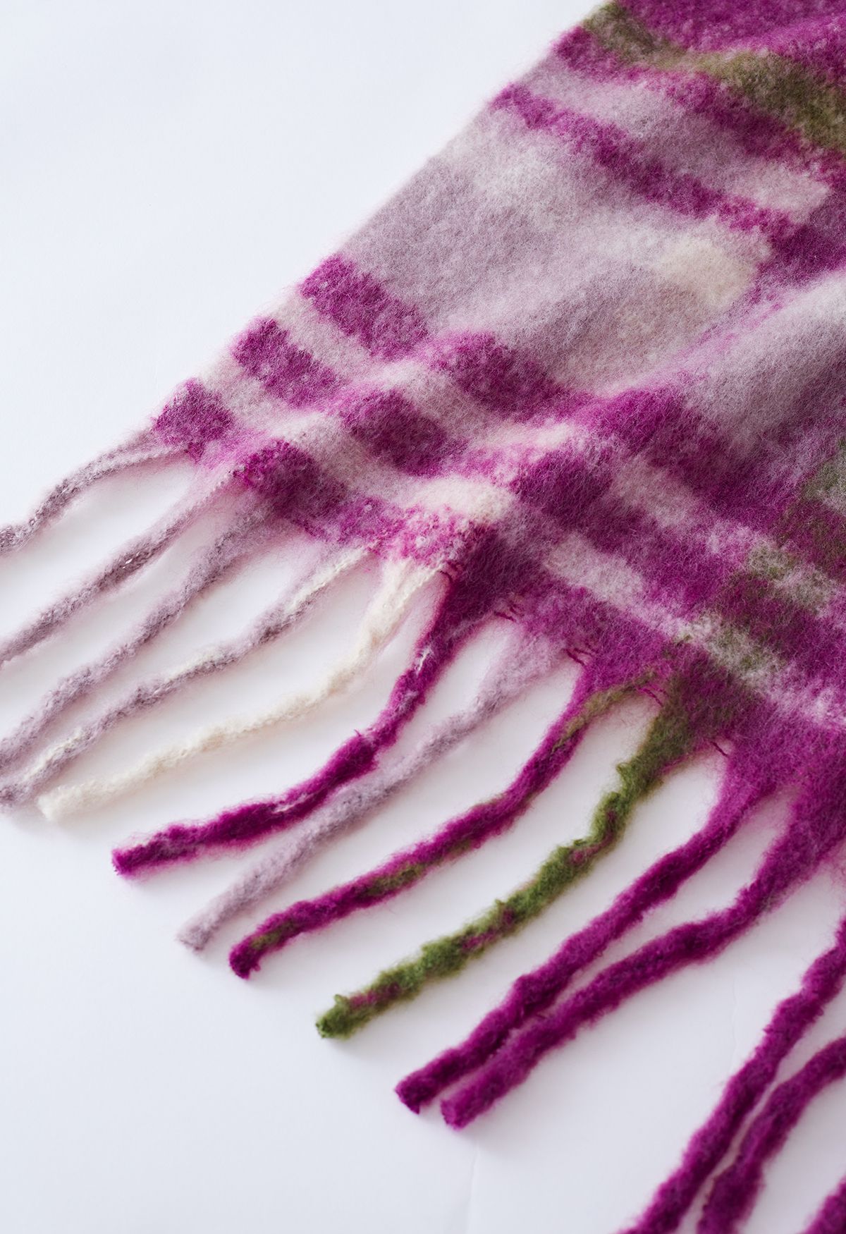 Fuzzy Mohair Plaid Pattern Scarf in Plum