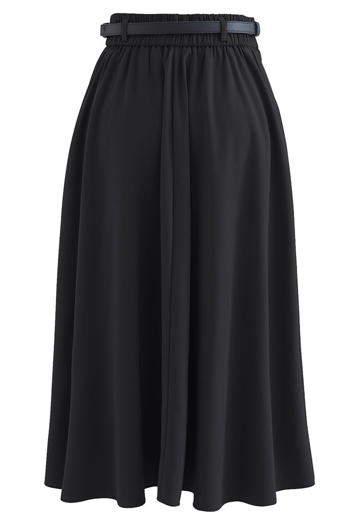 Metallic Buckle Belt A-Line Midi Skirt in Black