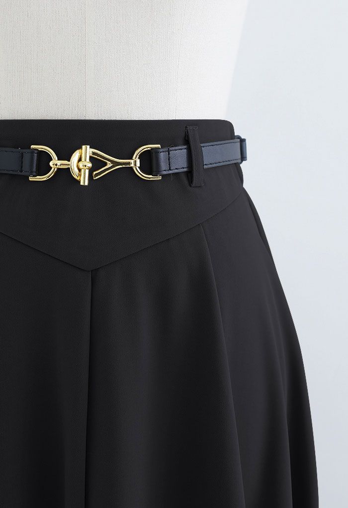 Metallic Buckle Belt A-Line Midi Skirt in Black