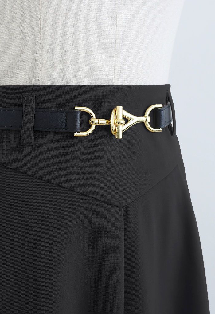 Metallic Buckle Belt A-Line Midi Skirt in Black