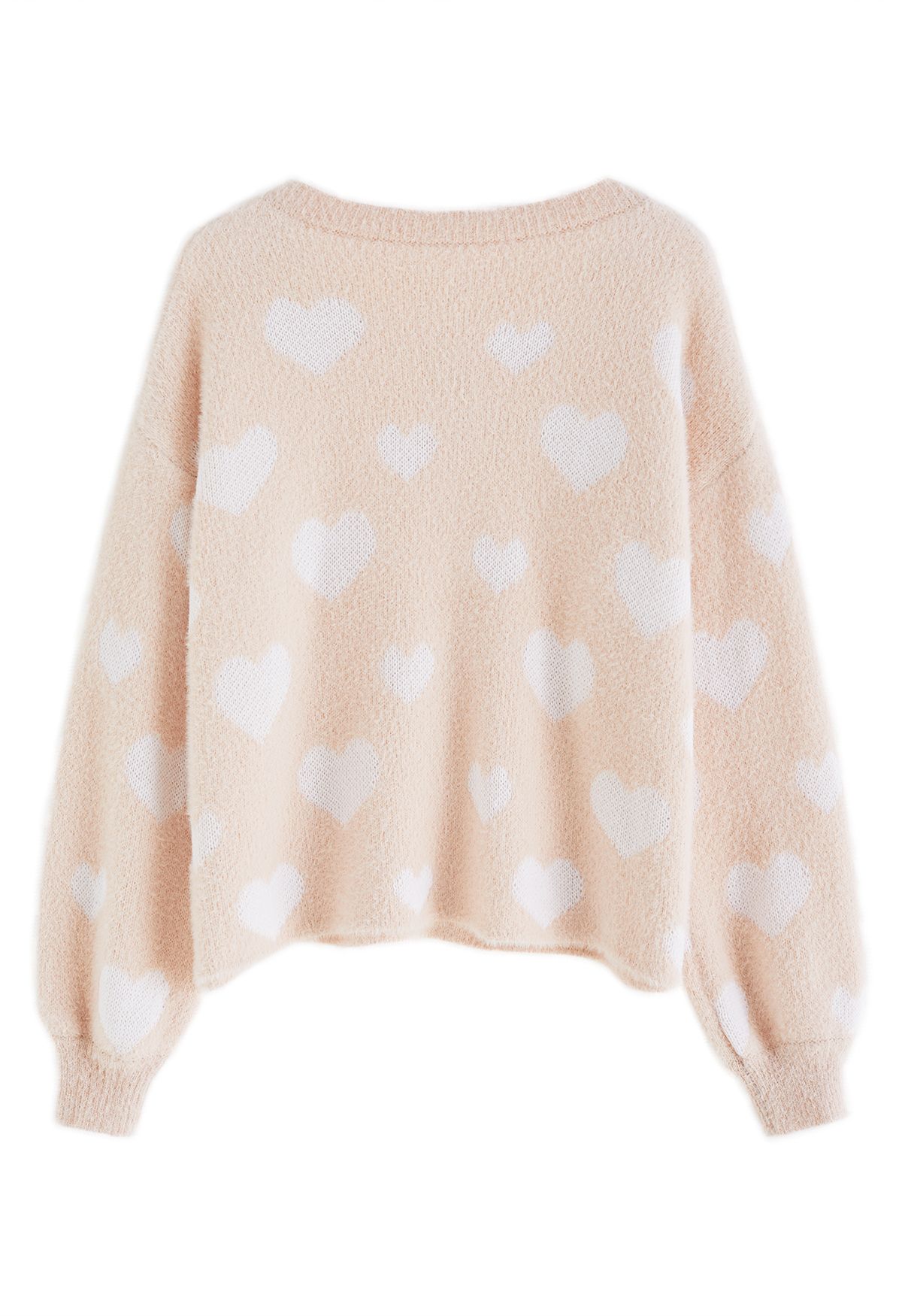 Fuzzy Contrast Heart Knit Sweater in Nude Pink