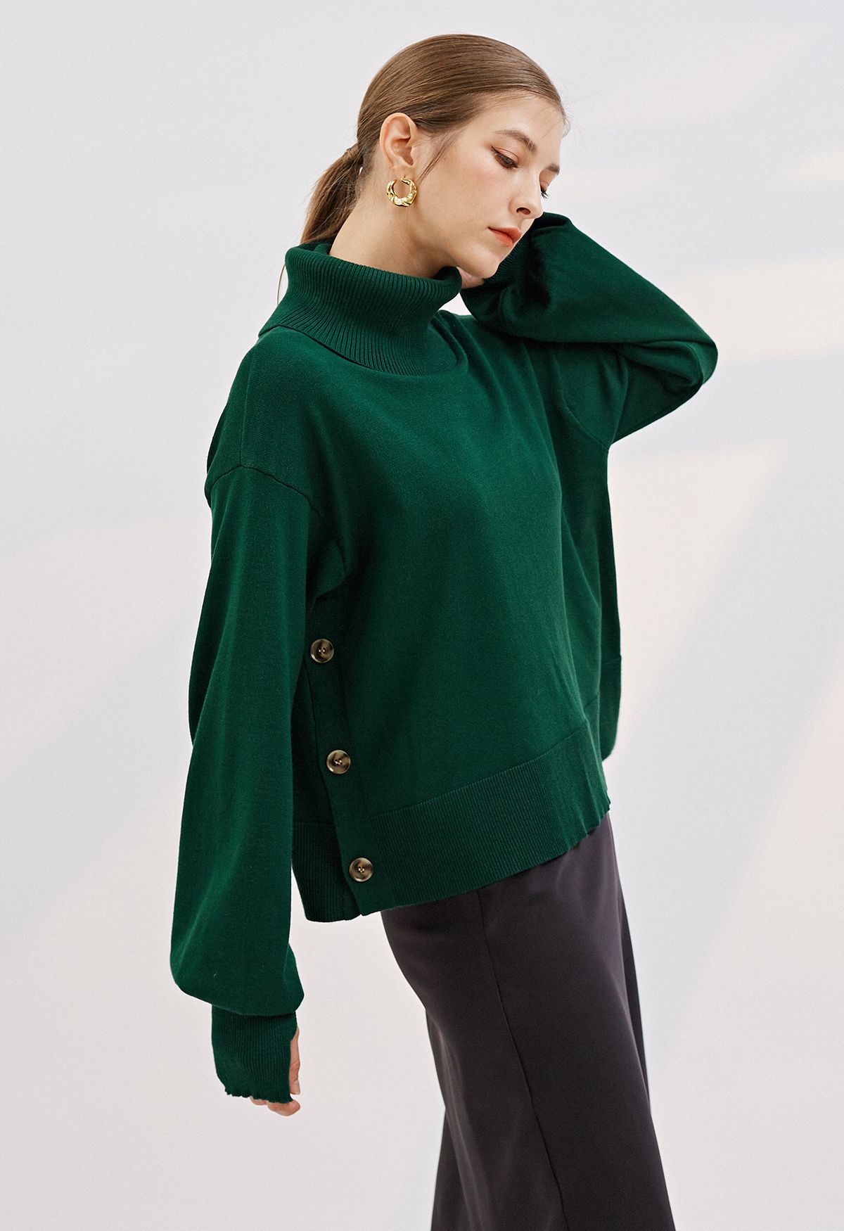 Turtleneck Side Buttons Slouchy Knit Top in Dark Green