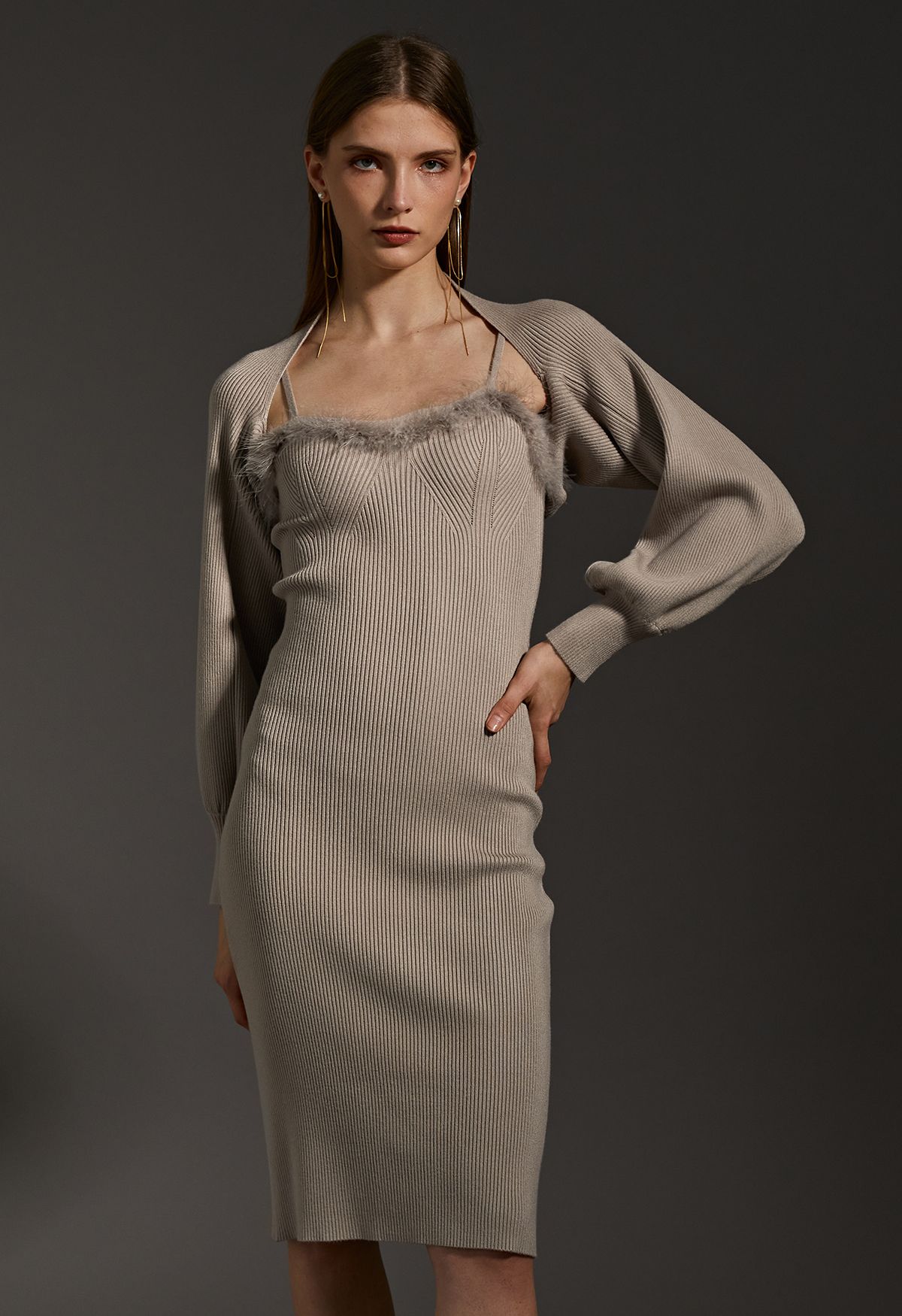 Feathered Ribbed Knit Twinset Dress in Taupe