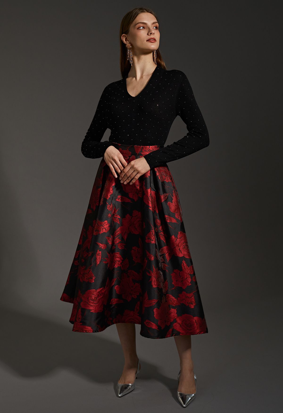 Mysterious Red Rose Jacquard A-Line Skirt