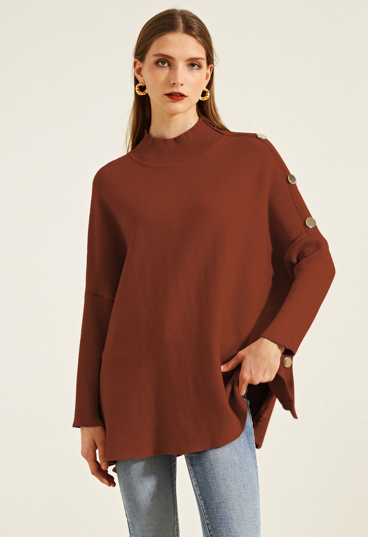 Side Buttoned Flap High Neck Knit Poncho in Caramel