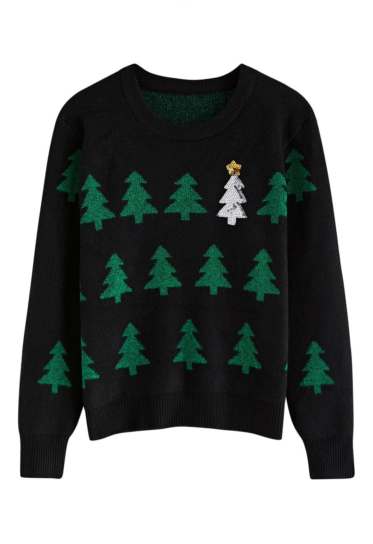 Sequined Christmas Tree Knit Sweater in Black