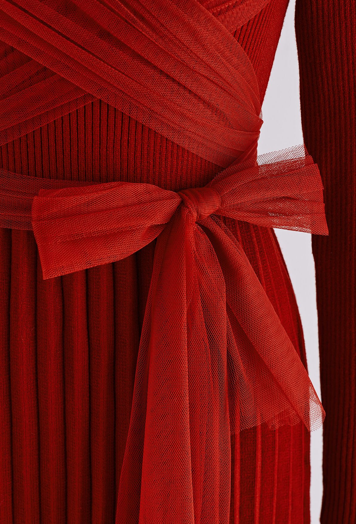 Self-Tie Mesh Bow Ribbed Knit Dress in Red