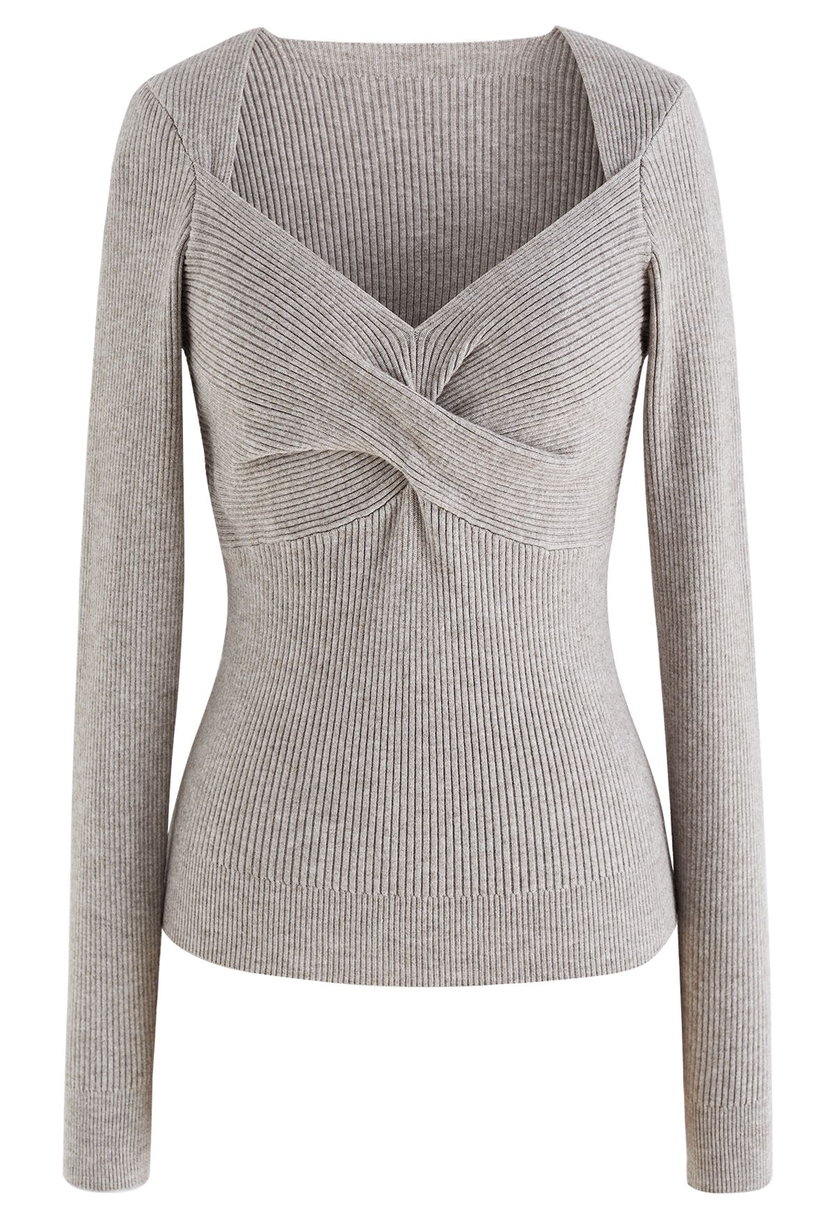 Sweetheart Twist Front Ribbed Knit Top in Linen