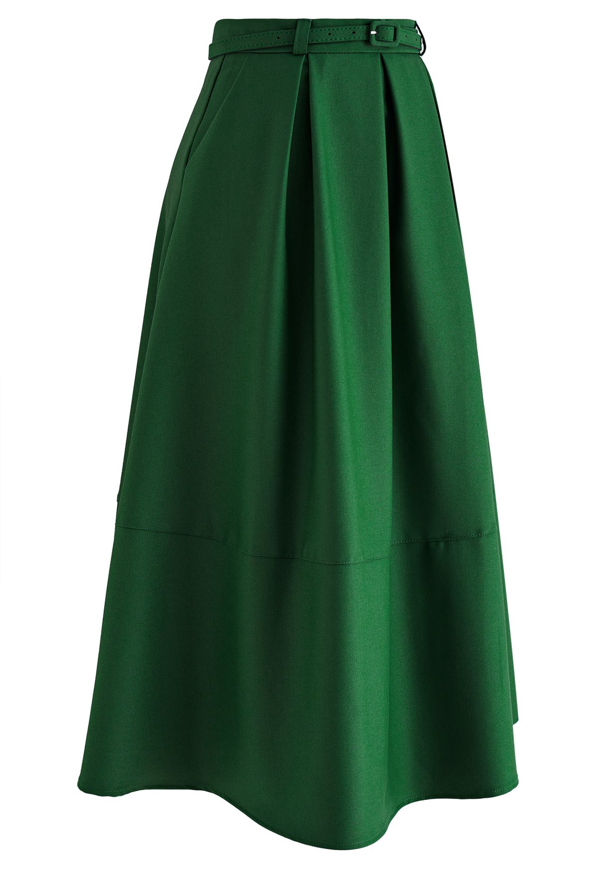 Side Pockets Pleated Belt Midi Skirt in Emerald