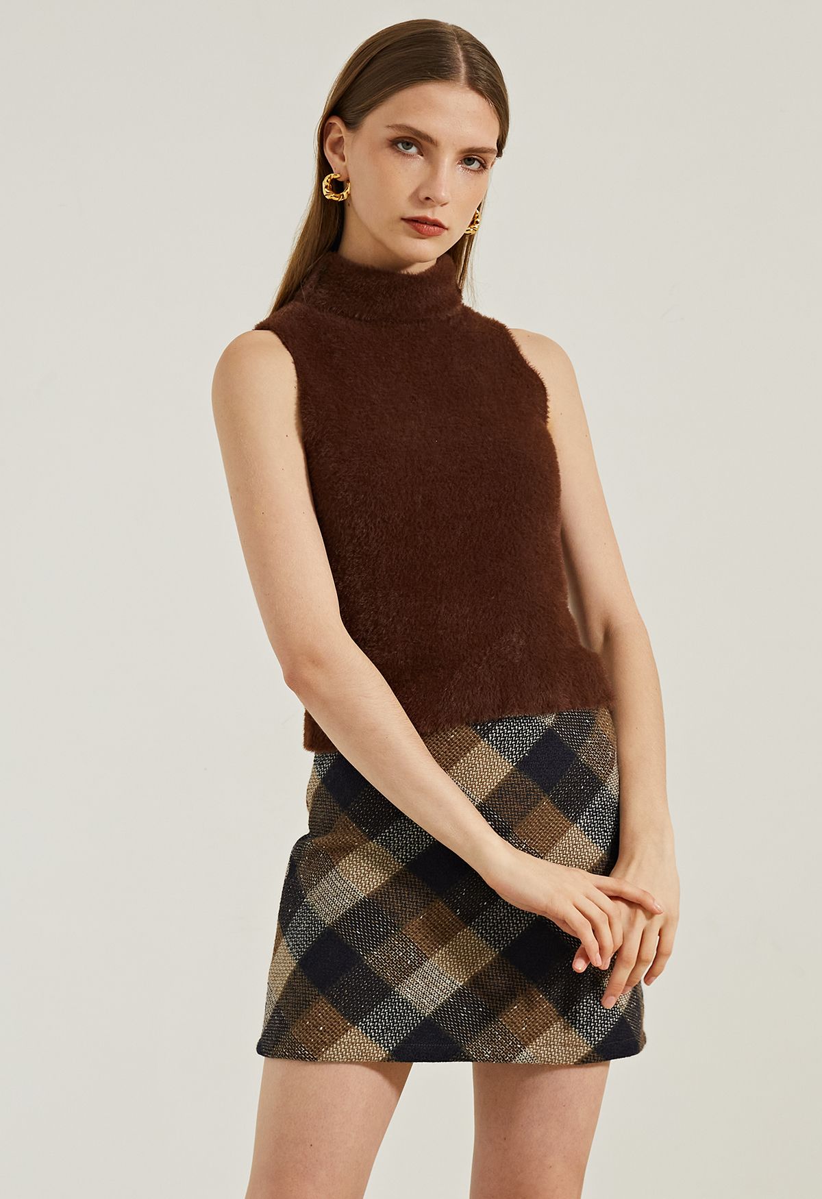 Retro Check Tweed Mini Skirt in Tan