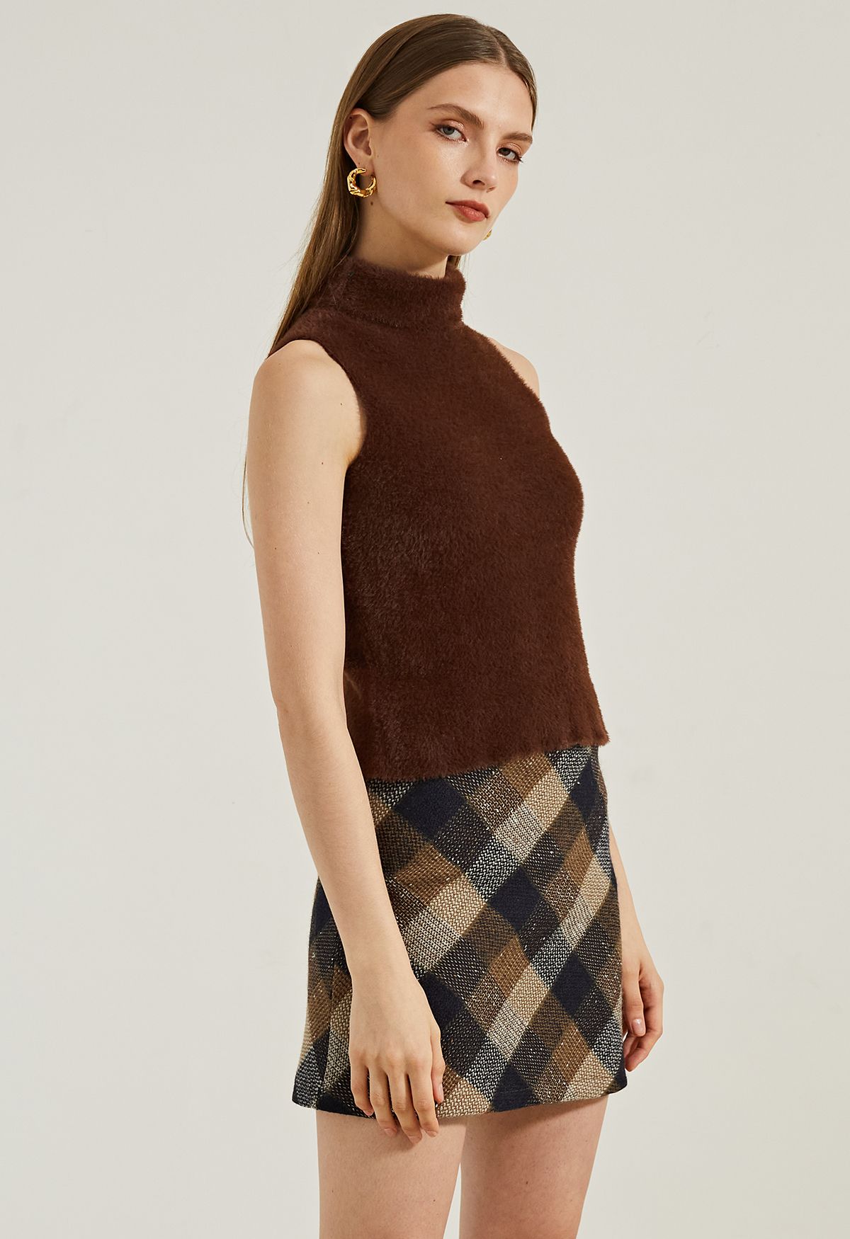 Retro Check Tweed Mini Skirt in Tan