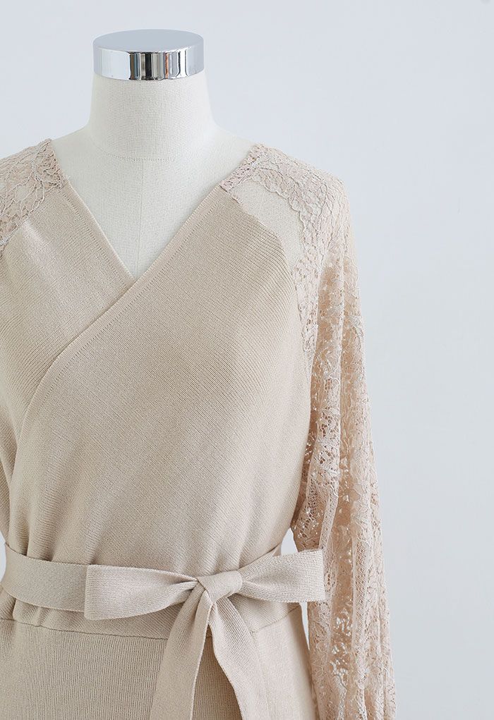 Lacy Sleeve Wrapped Knit Dress in Camel