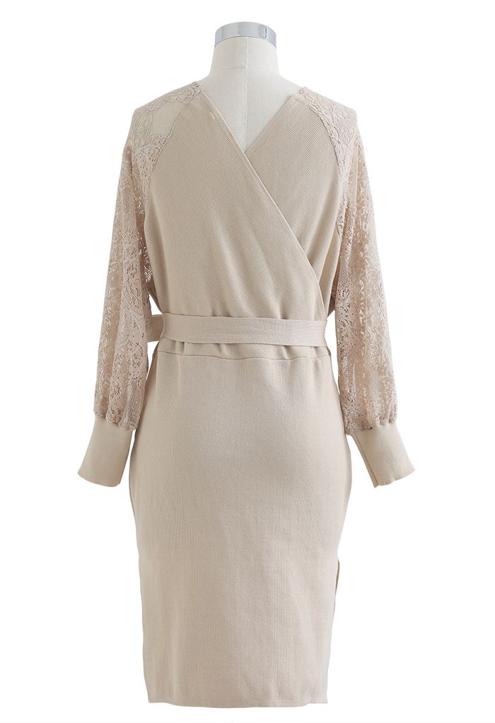 Lacy Sleeve Wrapped Knit Dress in Camel