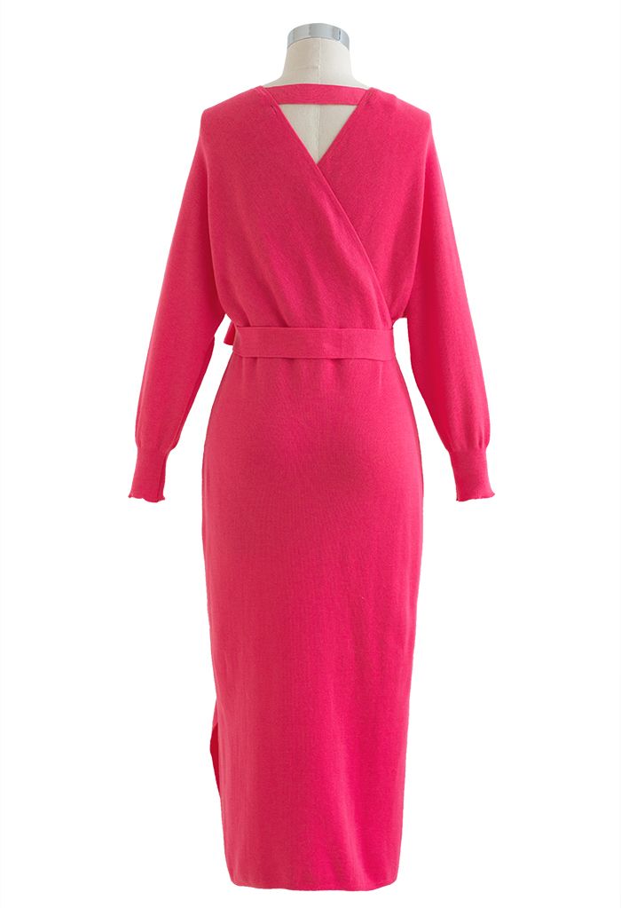 Batwing Sleeve Wrapped Midi Knit Dress in Hot Pink