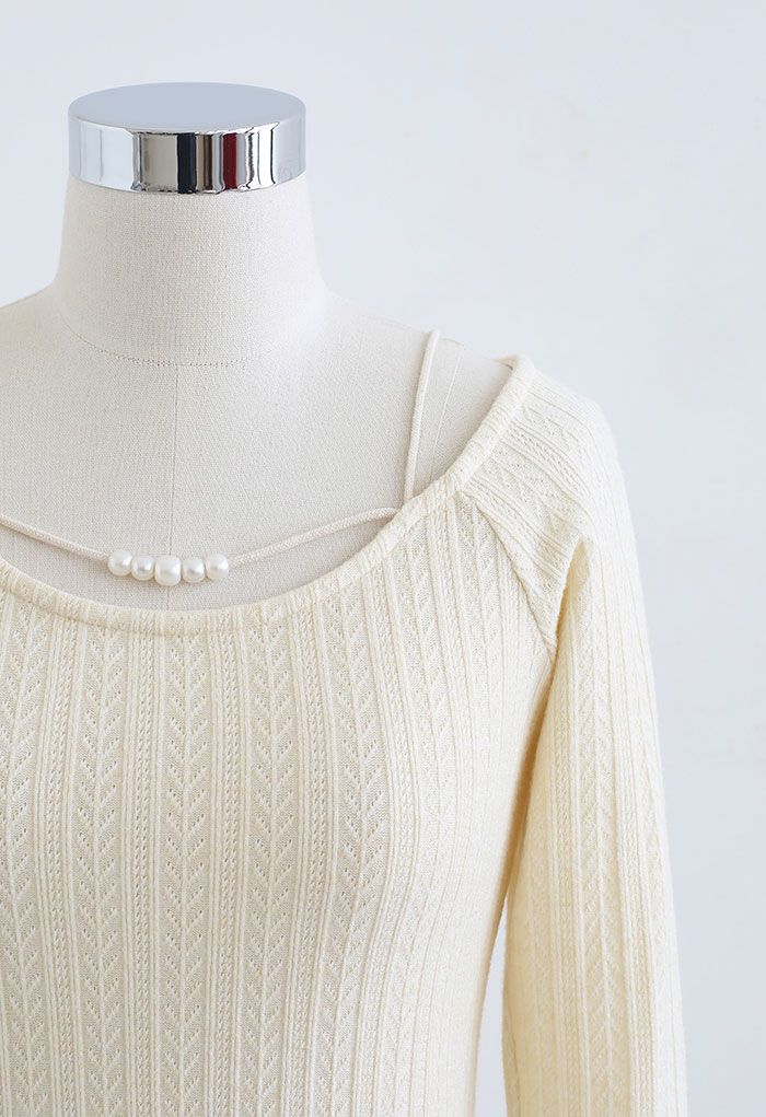 Bead Trim Cold-Shoulder Crop Knit Top in Cream